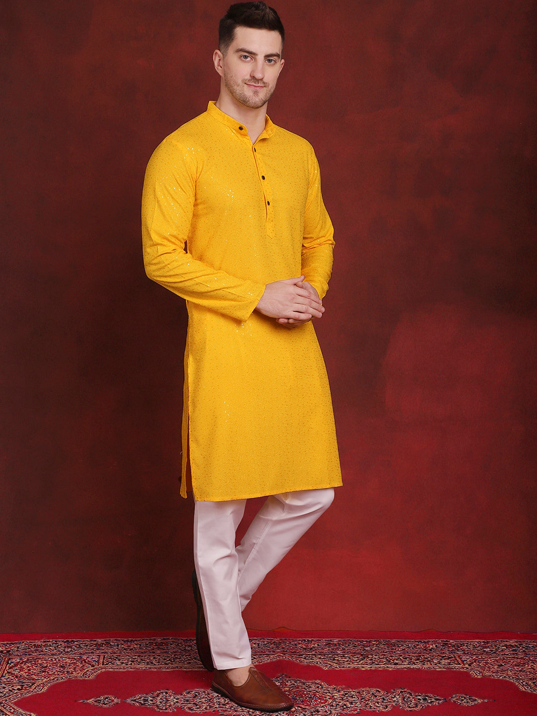 Jompers Men's Sequins Chikankari Kurta - Yellow