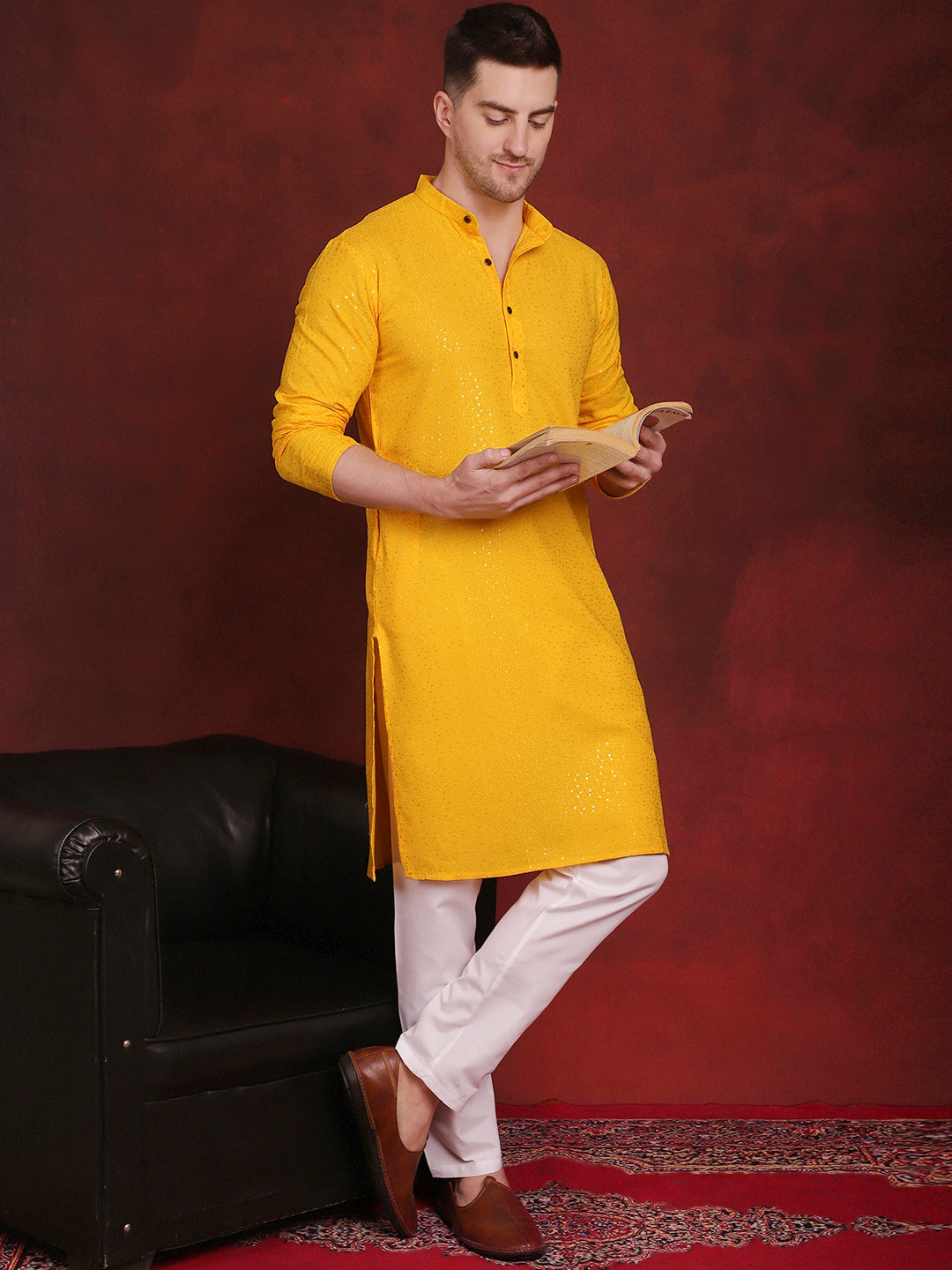 Jompers Men's Sequins Chikankari Kurta - Yellow