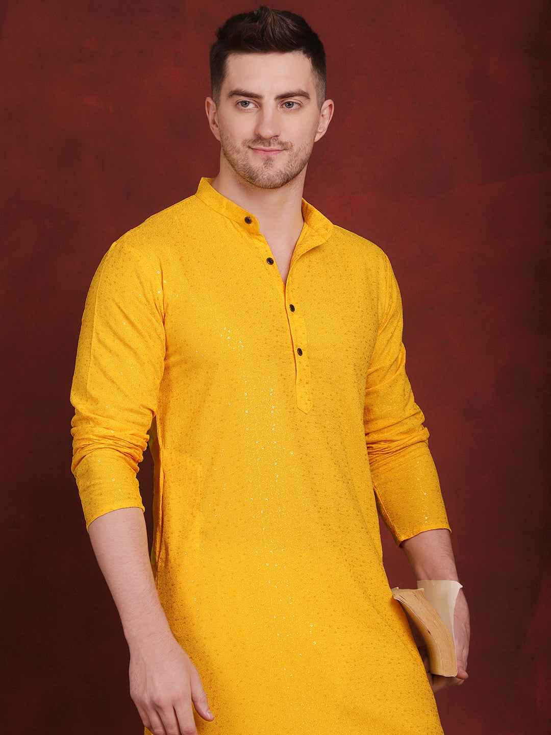 Jompers Men's Sequins Chikankari Kurta - Yellow