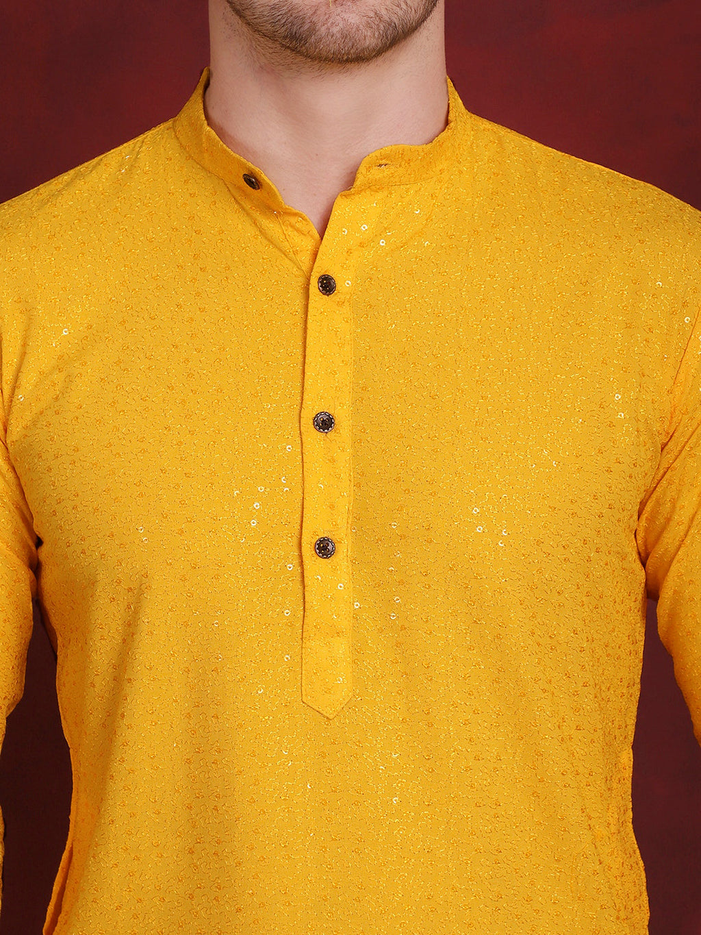 Jompers Men's Sequins Chikankari Kurta - Yellow