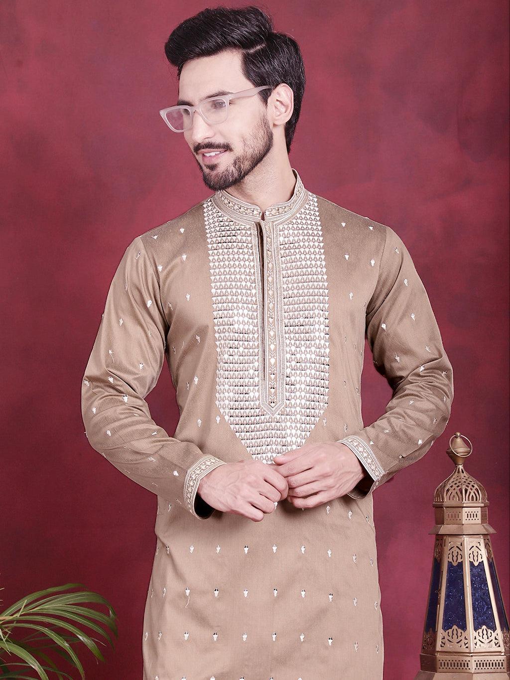 Jompers Men's Sequins Embroidered Kurta - Beige
