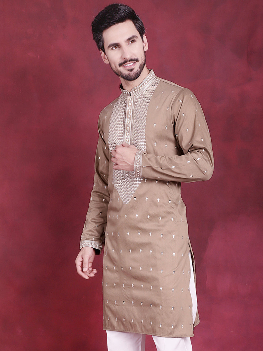 Jompers Men's Sequins Embroidered Kurta - Beige