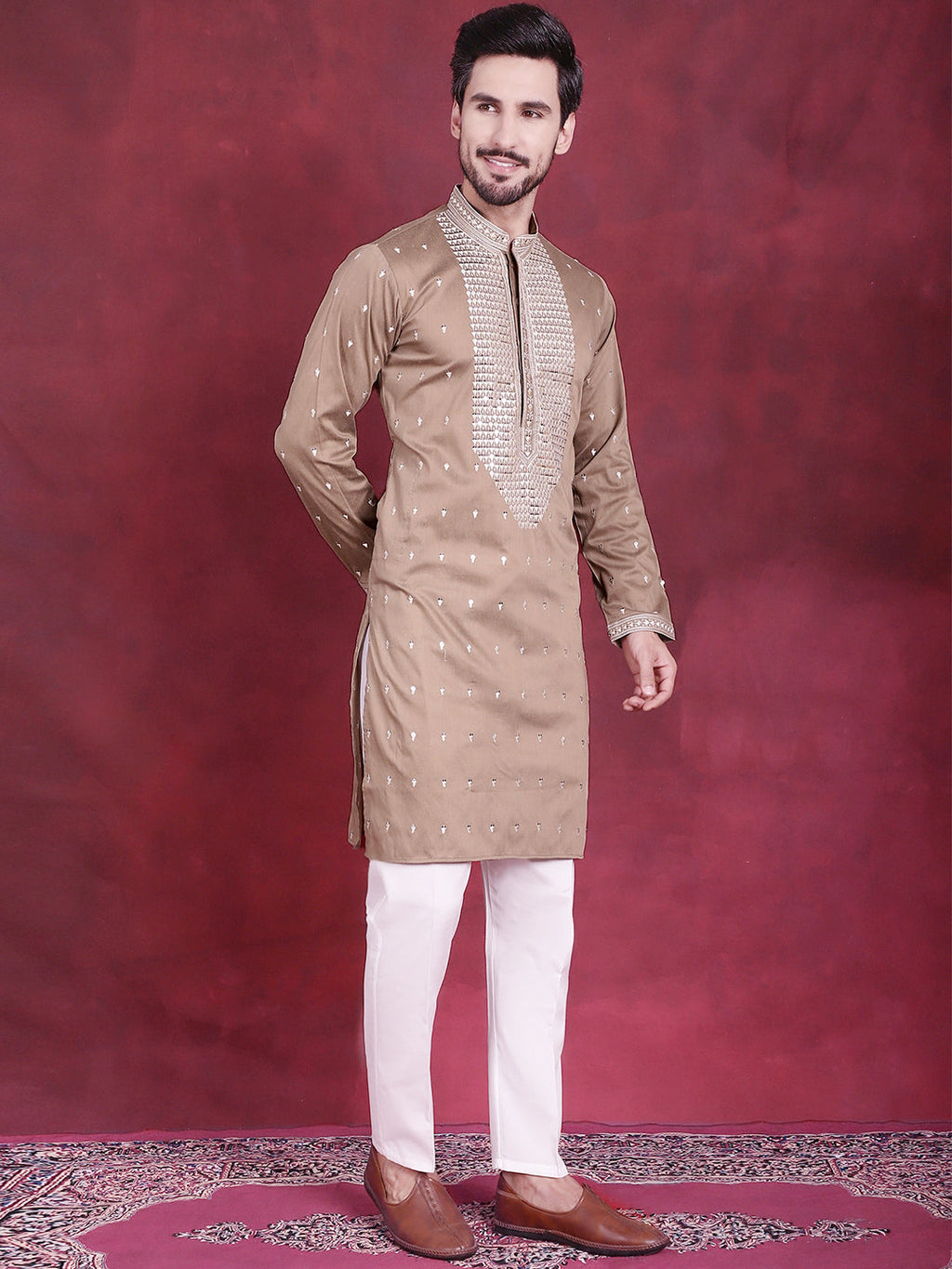 Jompers Men's Sequins Embroidered Kurta - Beige