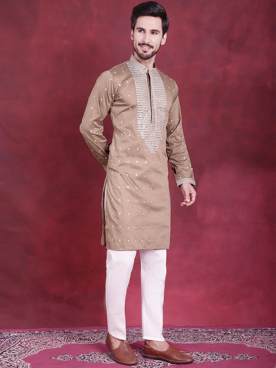 Jompers Men's Sequins Embroidered Kurta - Beige