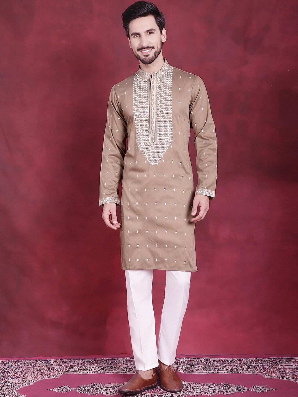 Jompers Men's Sequins Embroidered Kurta - Beige