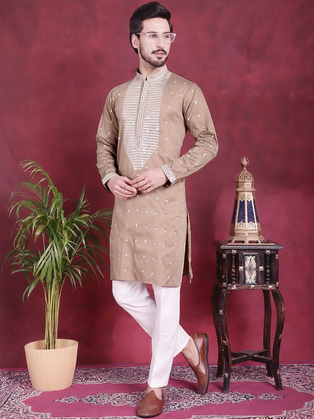 Jompers Men's Sequins Embroidered Kurta - Beige