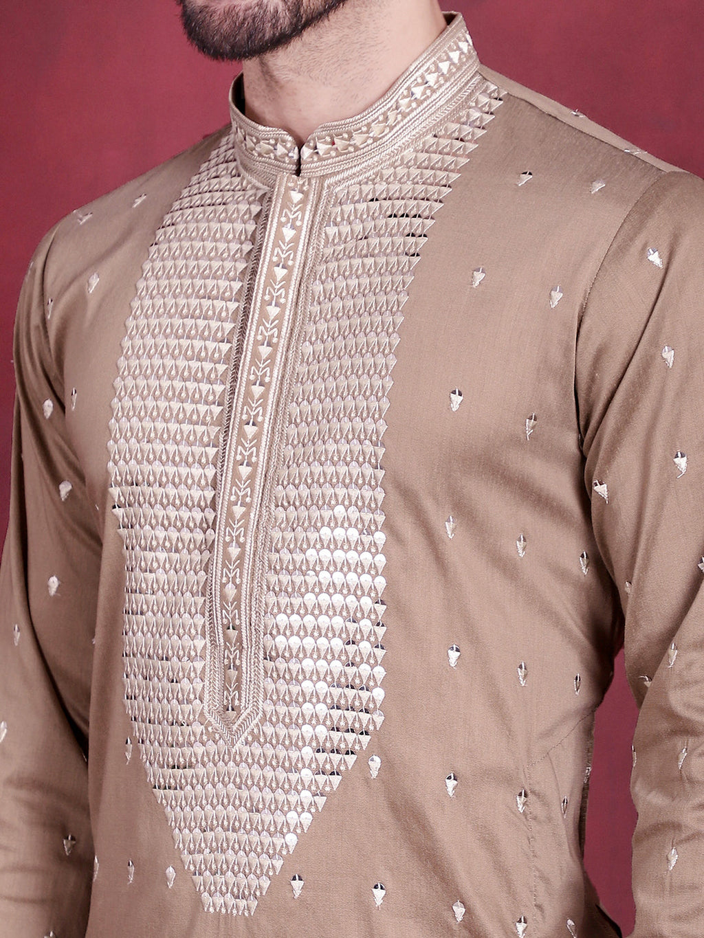 Jompers Men's Sequins Embroidered Kurta - Beige