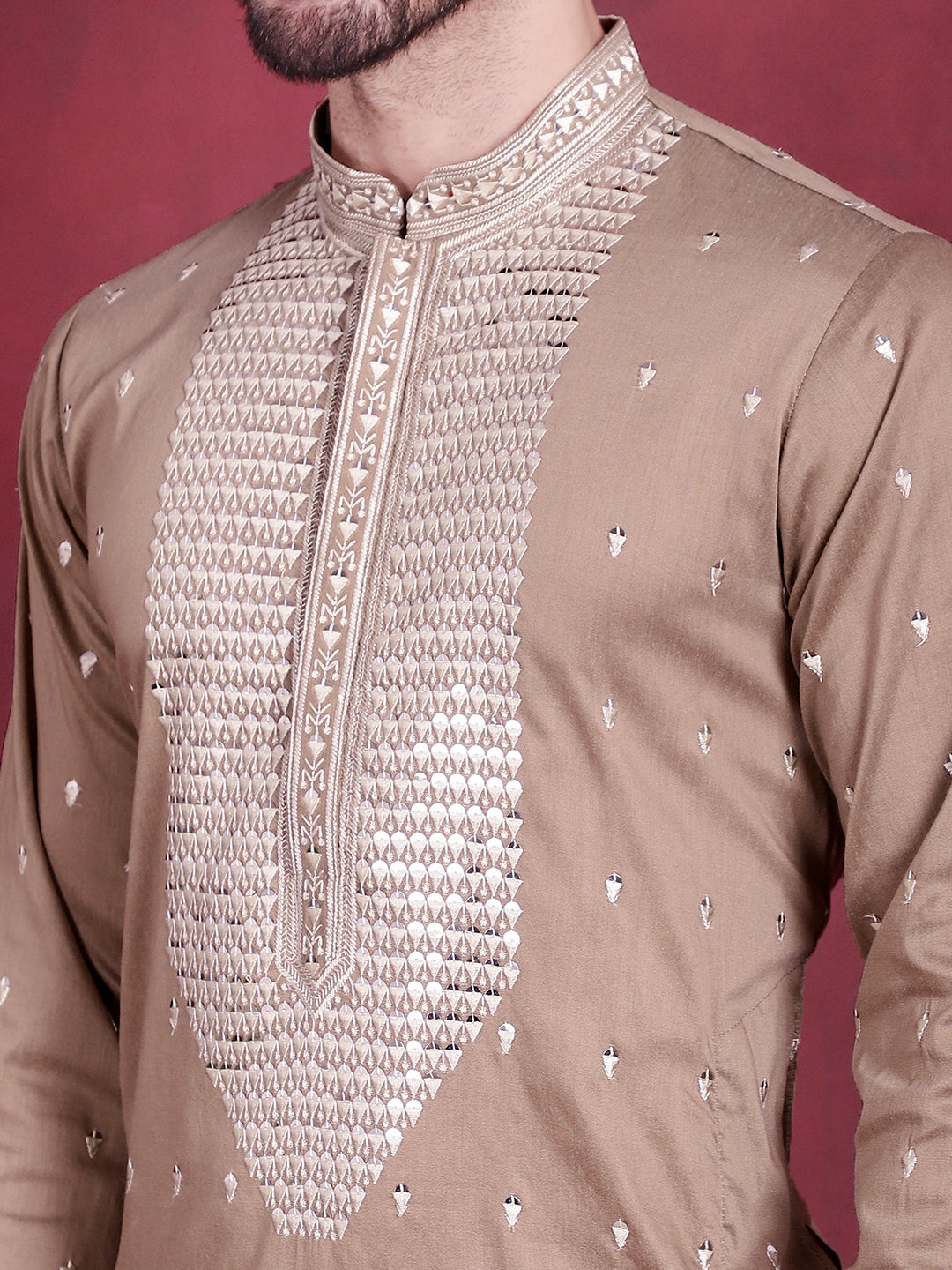 Jompers Men's Sequins Embroidered Kurta - Beige