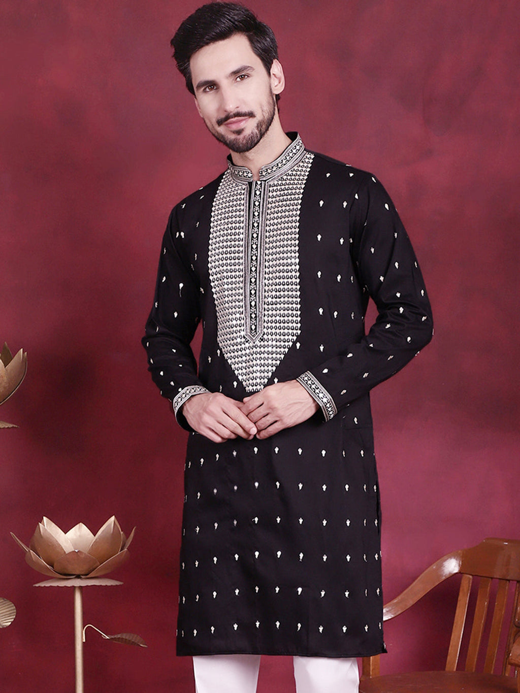 Jompers Men's Sequins Embroidered Kurta - Black