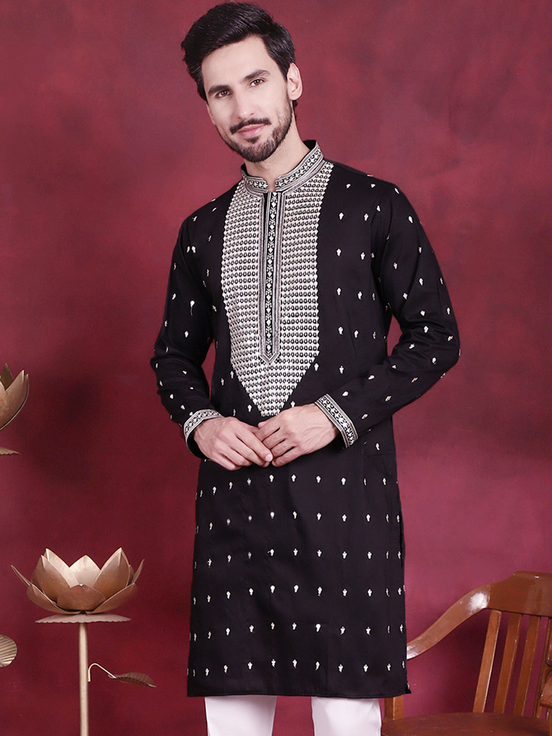 Jompers Men's Sequins Embroidered Kurta - Black