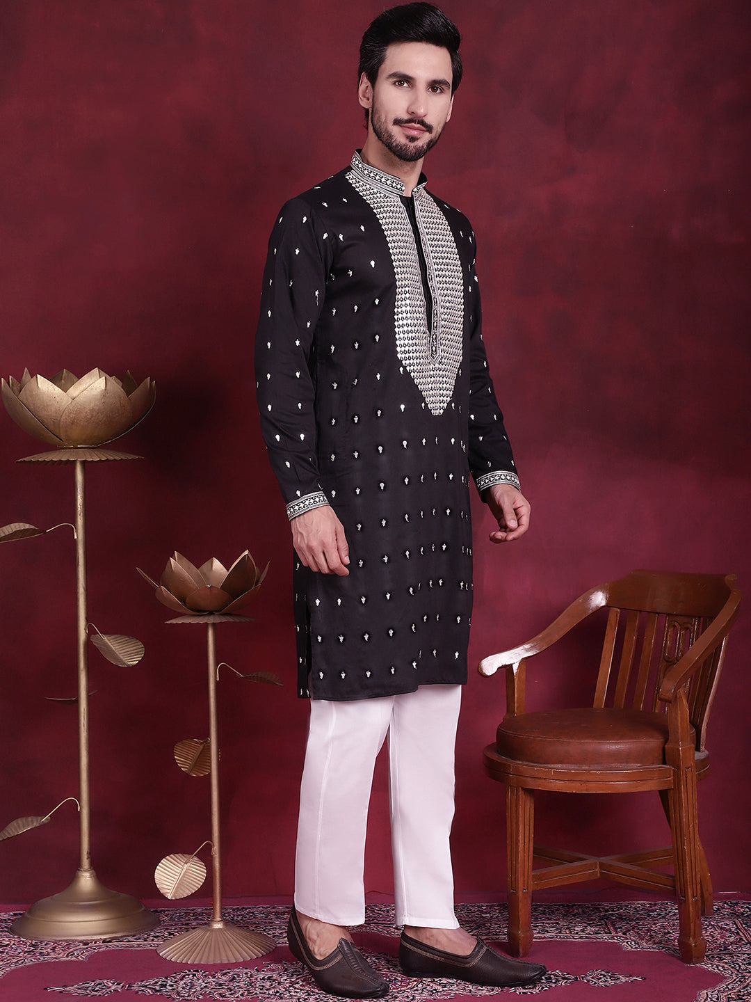 Jompers Men's Sequins Embroidered Kurta - Black