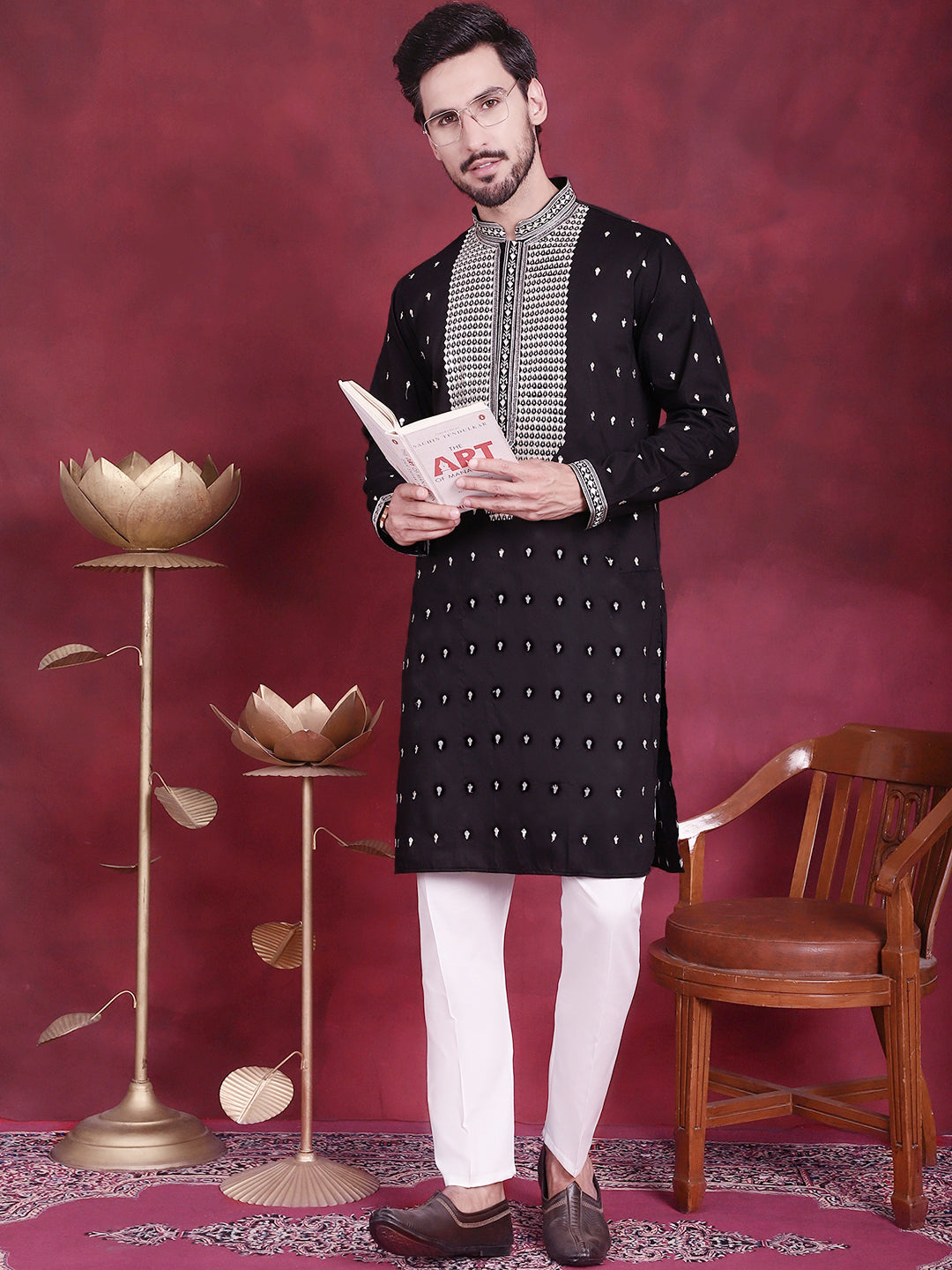 Jompers Men's Sequins Embroidered Kurta - Black