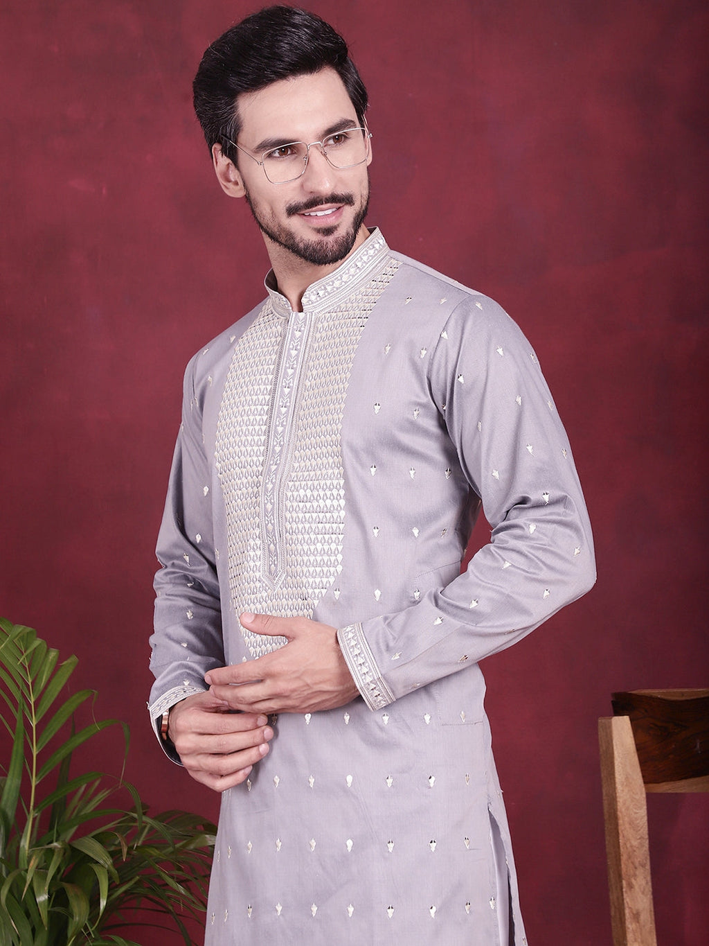 Jompers Men's Sequins Embroidered Kurta - Grey