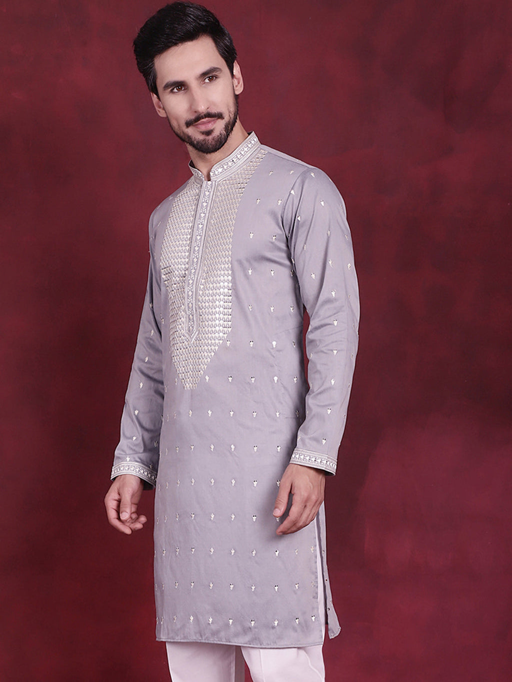 Jompers Men's Sequins Embroidered Kurta - Grey
