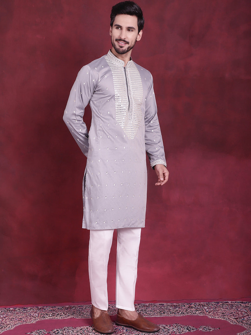 Jompers Men's Sequins Embroidered Kurta - Grey