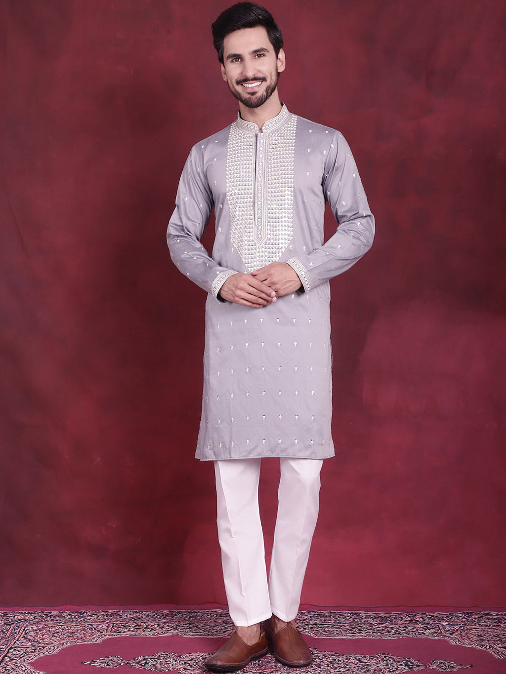 Jompers Men's Sequins Embroidered Kurta - Grey