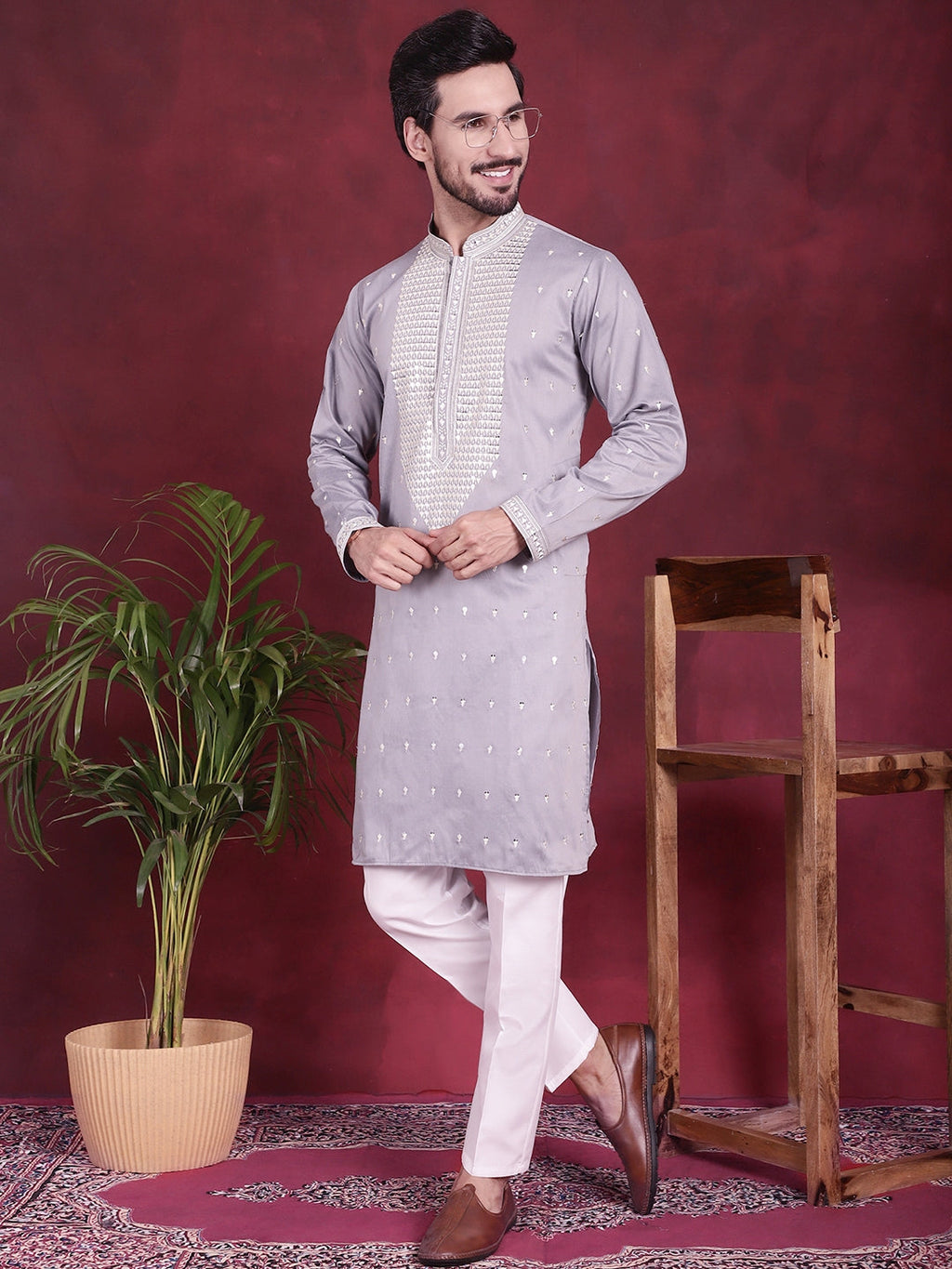 Jompers Men's Sequins Embroidered Kurta - Grey