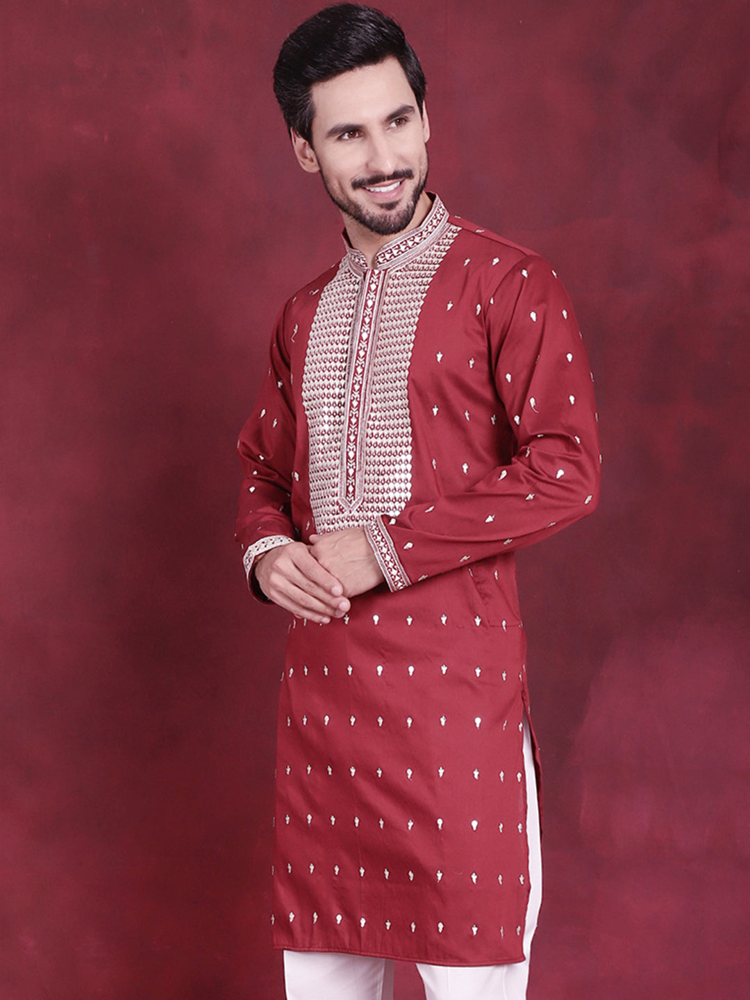 Jompers Men's Sequins Embroidered Kurta - Maroon