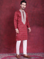 Jompers Men's Sequins Embroidered Kurta - Maroon