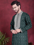 Jompers Men's Sequins Embroidered Kurta - Olive