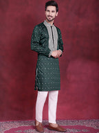 Jompers Men's Sequins Embroidered Kurta - Olive