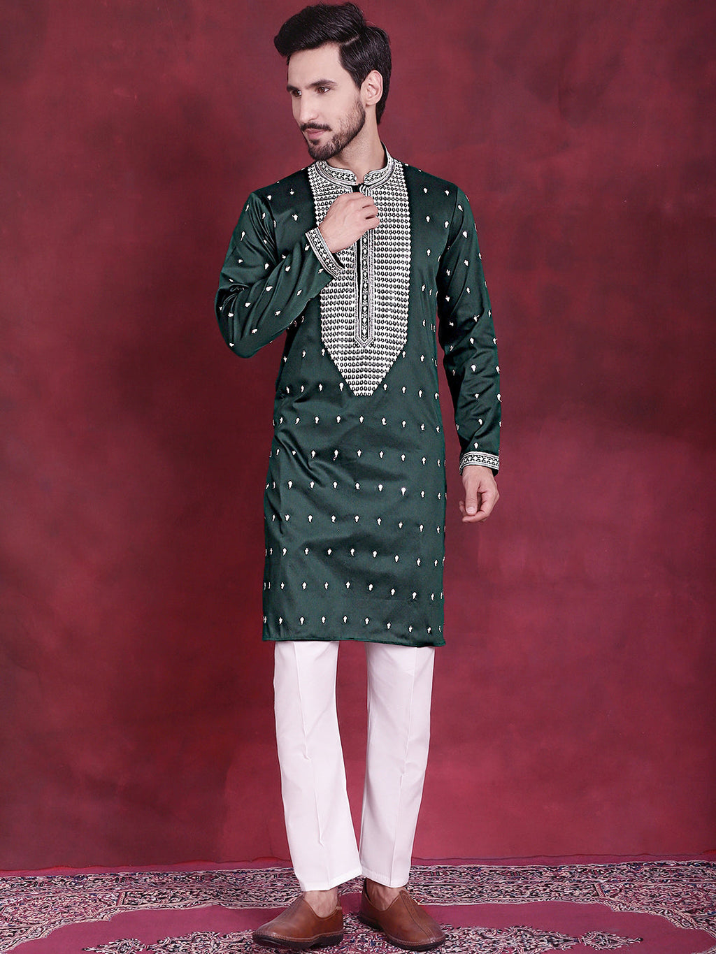 Jompers Men's Sequins Embroidered Kurta - Olive