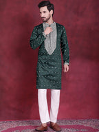 Jompers Men's Sequins Embroidered Kurta - Olive