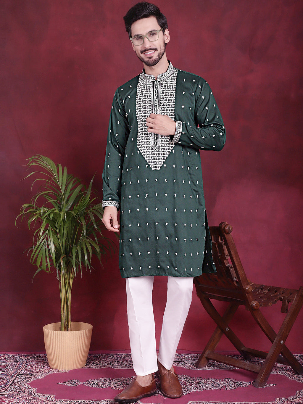 Jompers Men's Sequins Embroidered Kurta - Olive