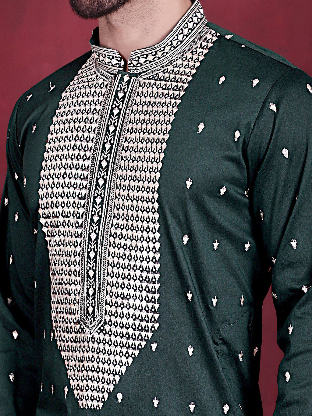 Jompers Men's Sequins Embroidered Kurta - Olive