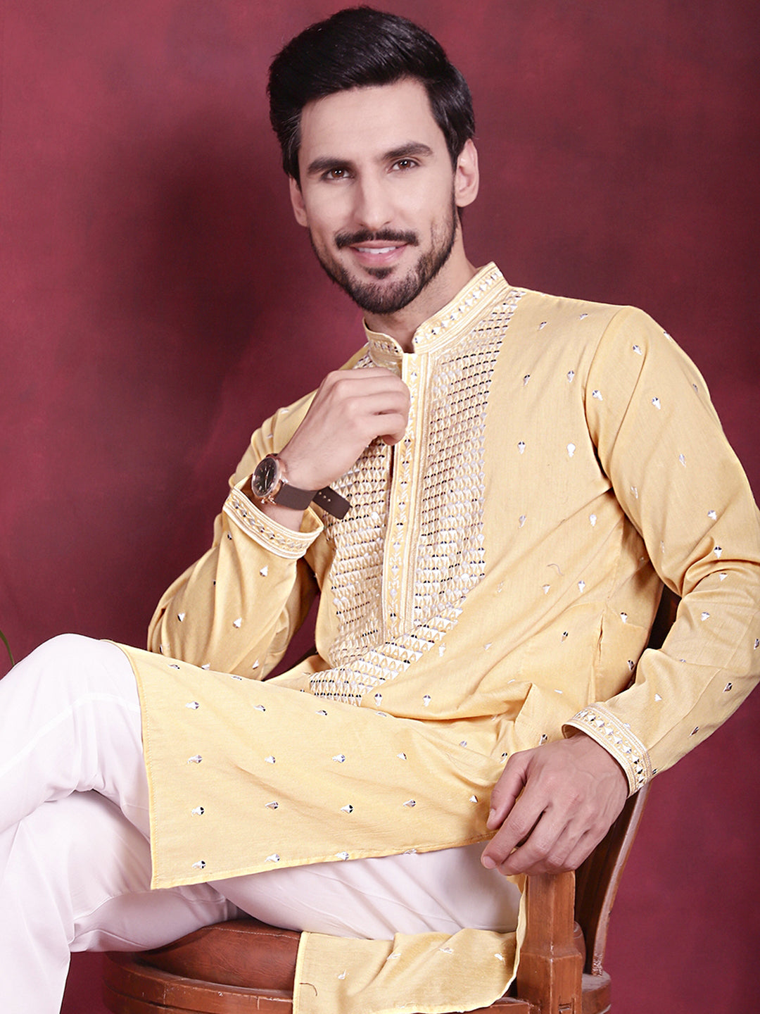 Jompers Men's Sequins Embroidered Kurta - Yellow