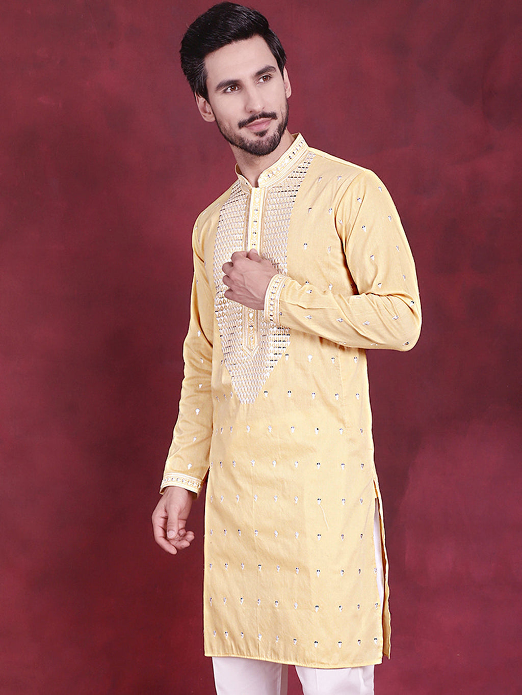 Jompers Men's Sequins Embroidered Kurta - Yellow