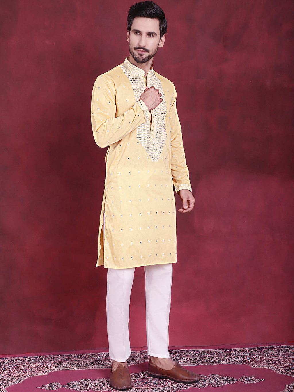 Jompers Men's Sequins Embroidered Kurta - Yellow