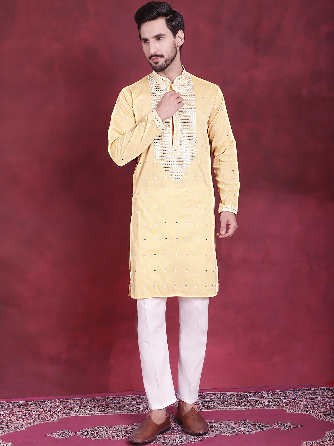 Jompers Men's Sequins Embroidered Kurta - Yellow