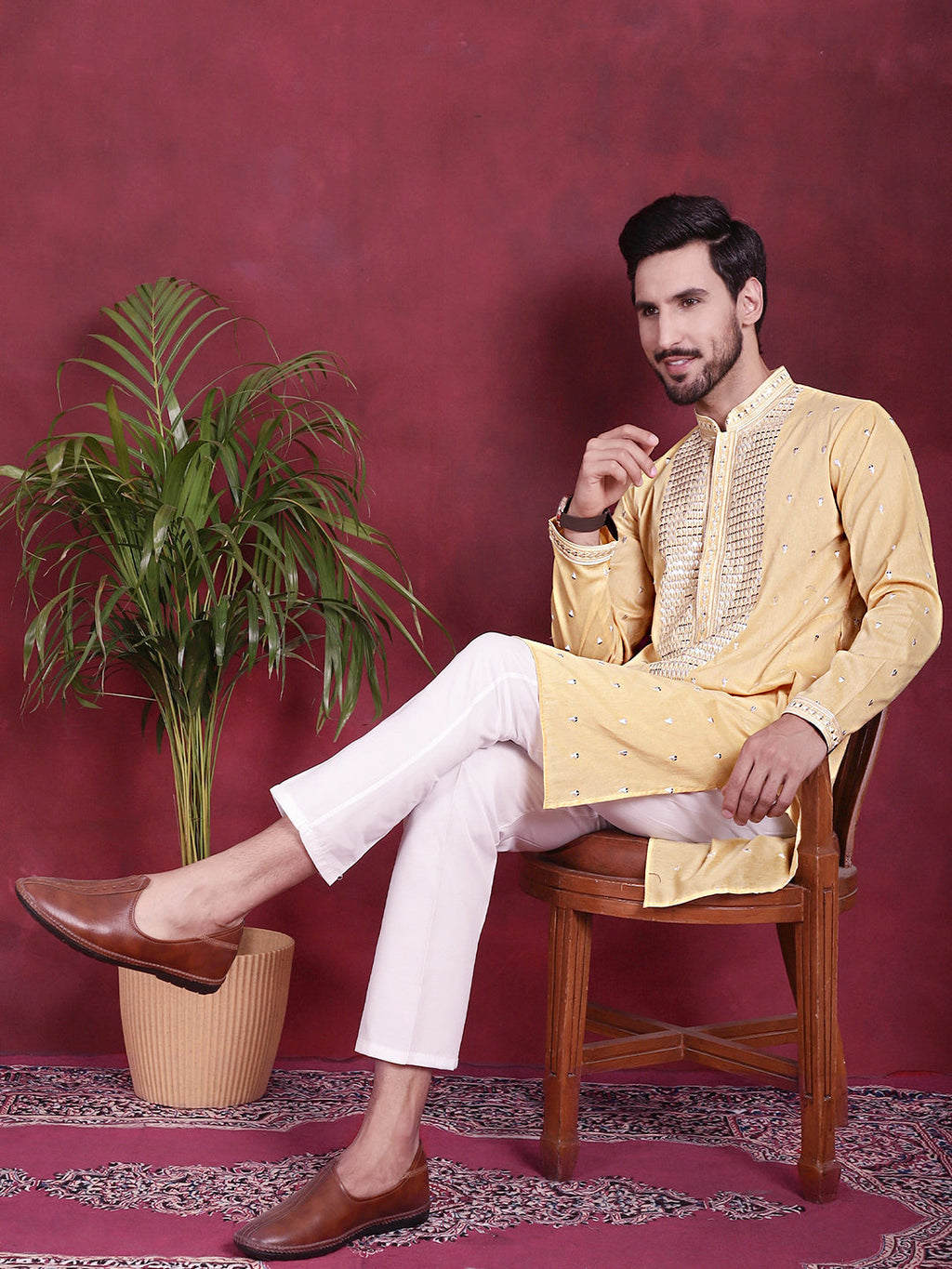 Jompers Men's Sequins Embroidered Kurta - Yellow