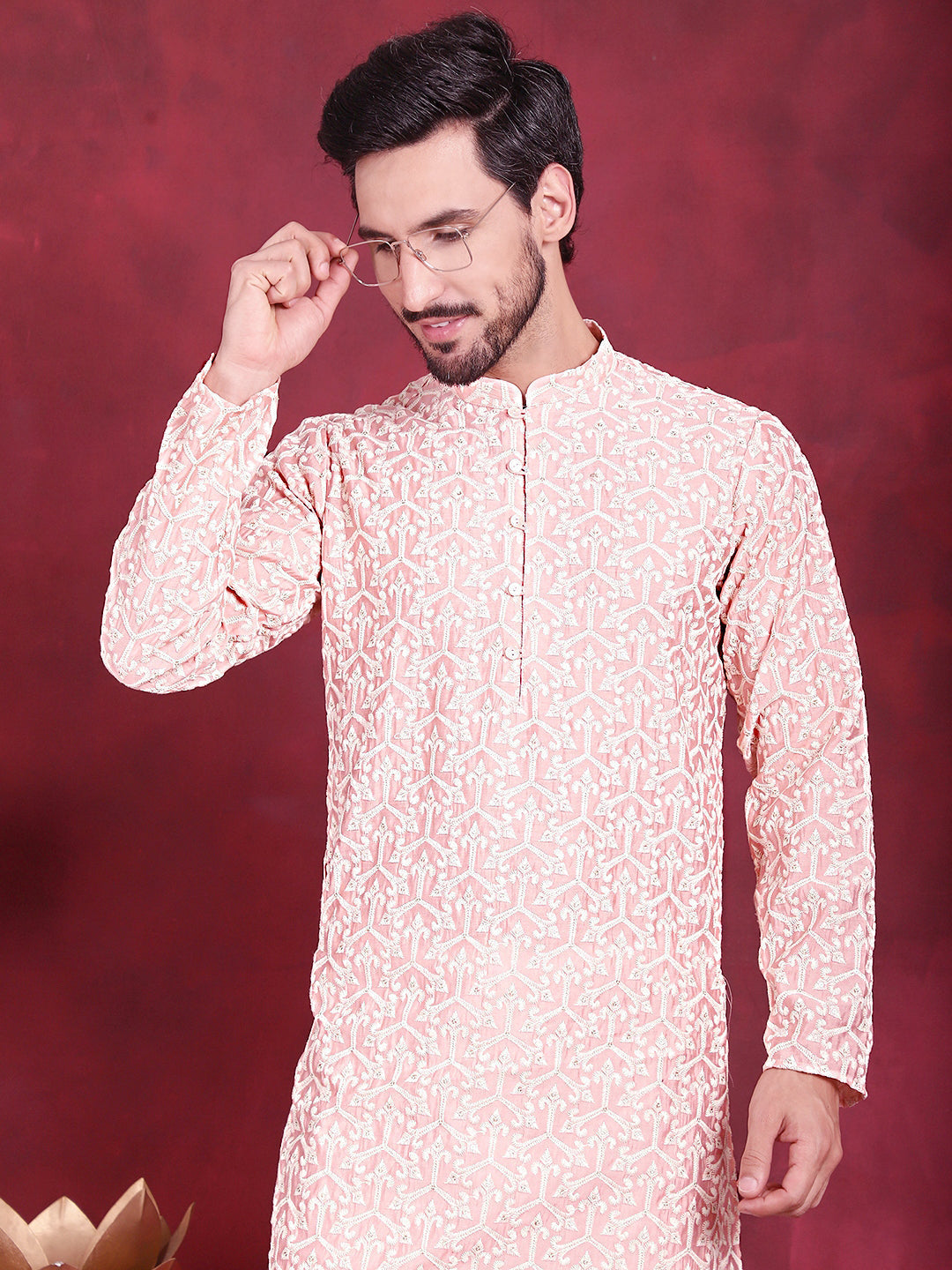 Jompers Men's Chikankari Embroidered Kurta - Pink