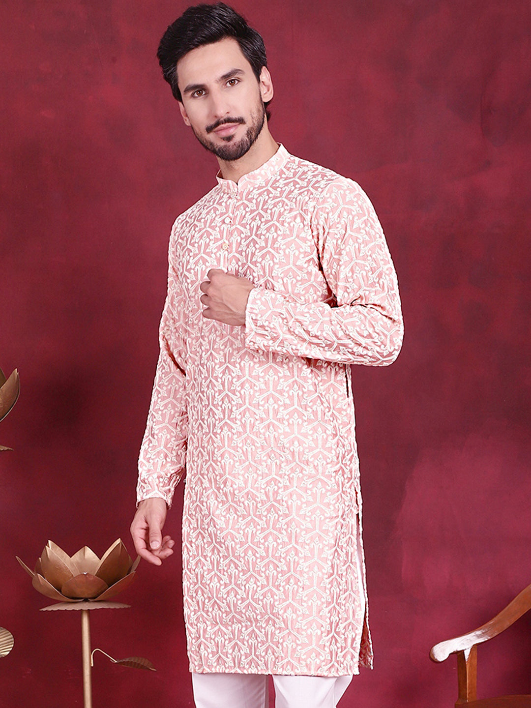 Jompers Men's Chikankari Embroidered Kurta - Pink