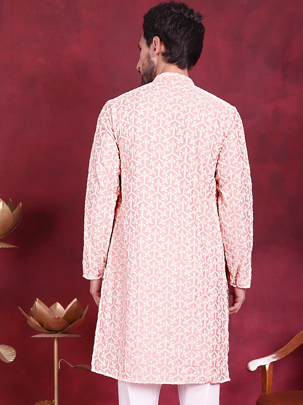 Jompers Men's Chikankari Embroidered Kurta - Pink