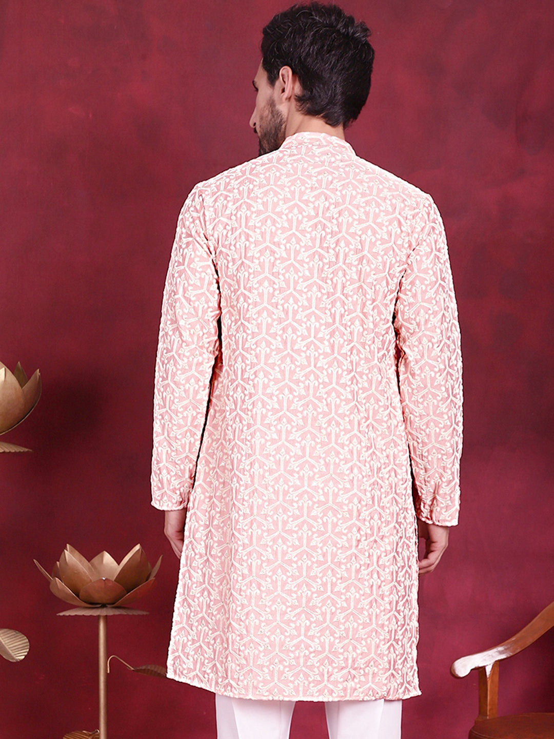 Jompers Men's Chikankari Embroidered Kurta - Pink