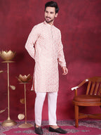Jompers Men's Chikankari Embroidered Kurta - Pink