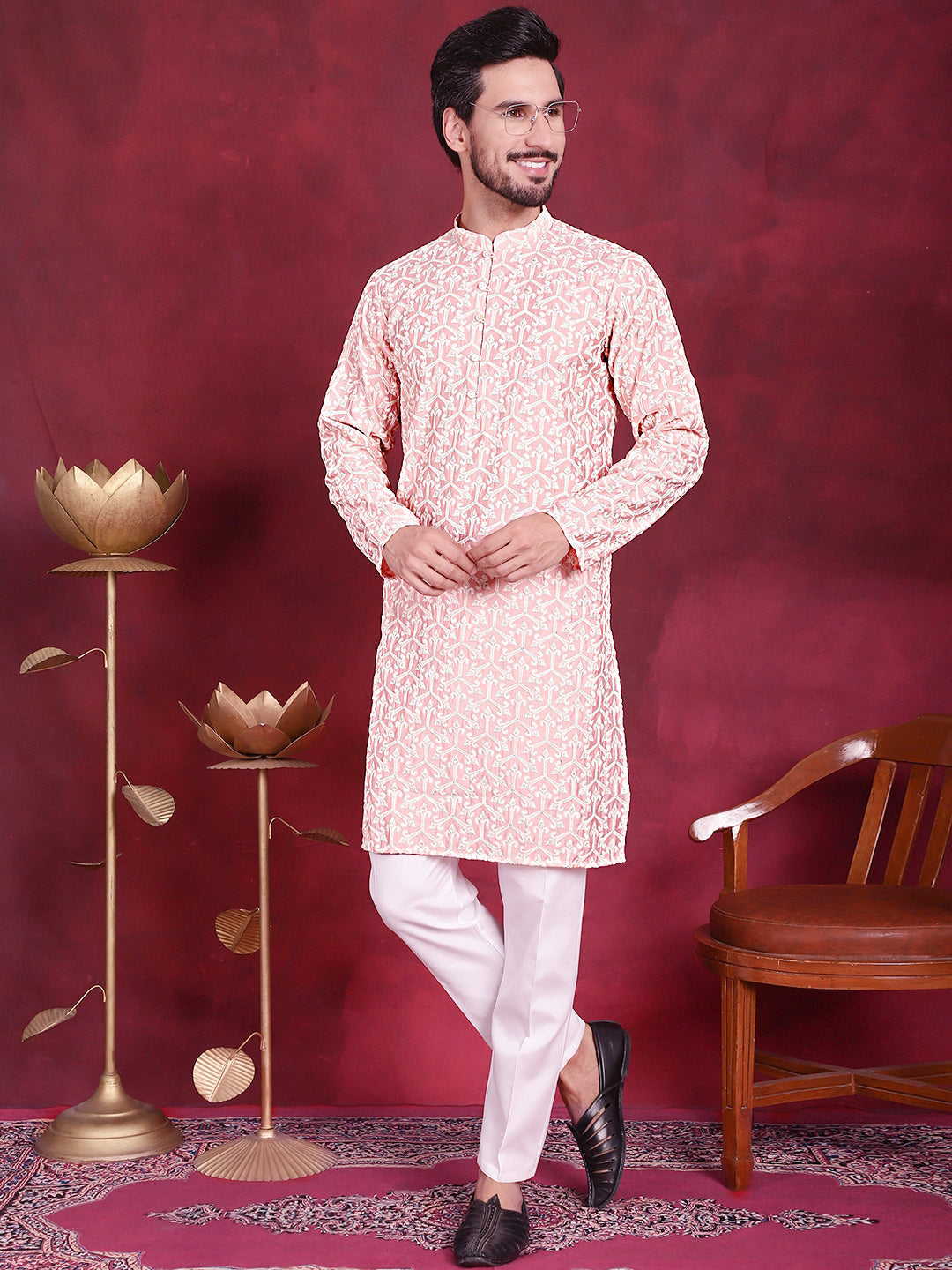 Jompers Men's Chikankari Embroidered Kurta - Pink