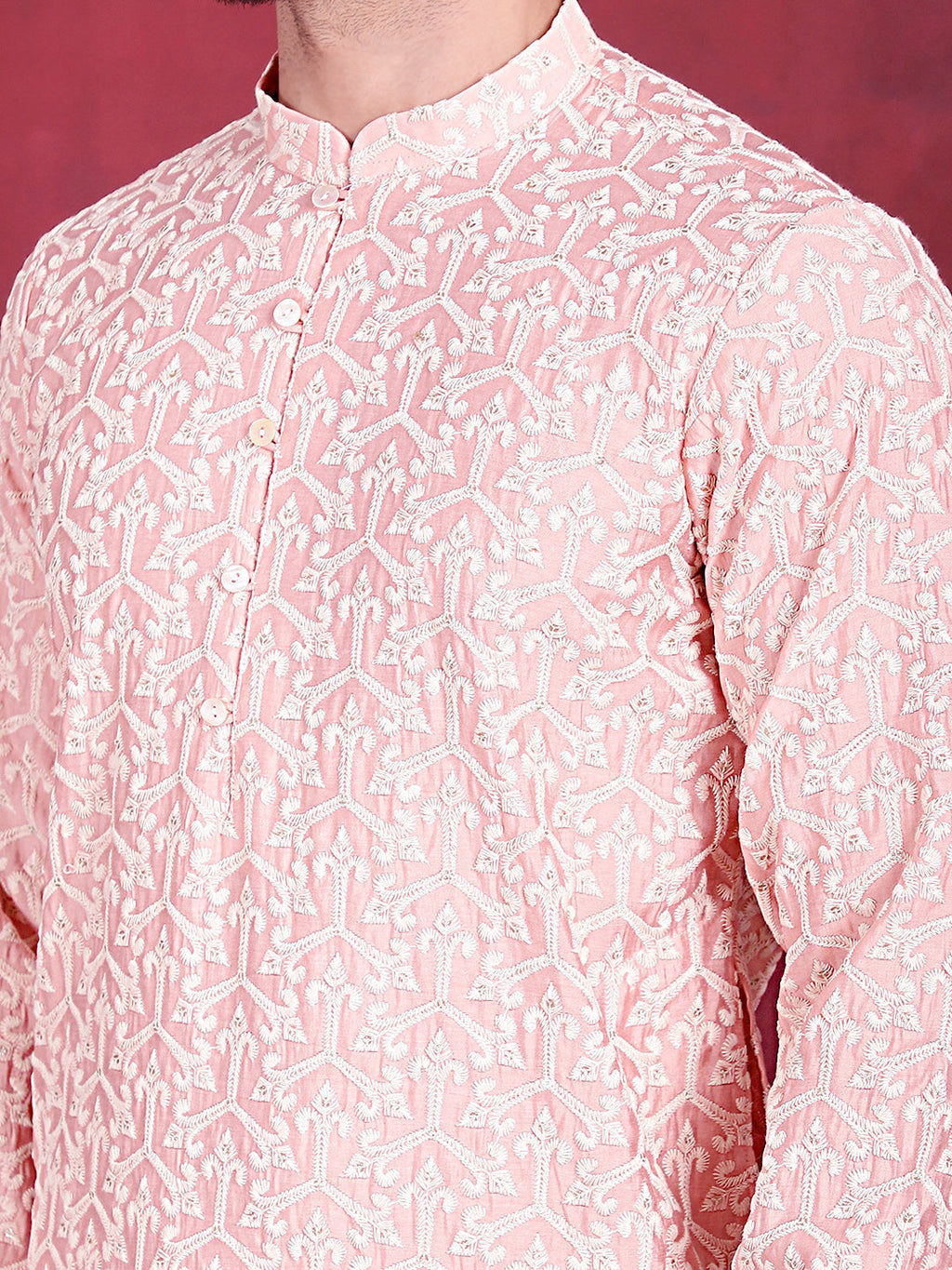 Jompers Men's Chikankari Embroidered Kurta - Pink