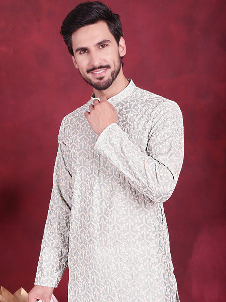 Jompers Men's Chikankari Embroidered Kurta - Pista