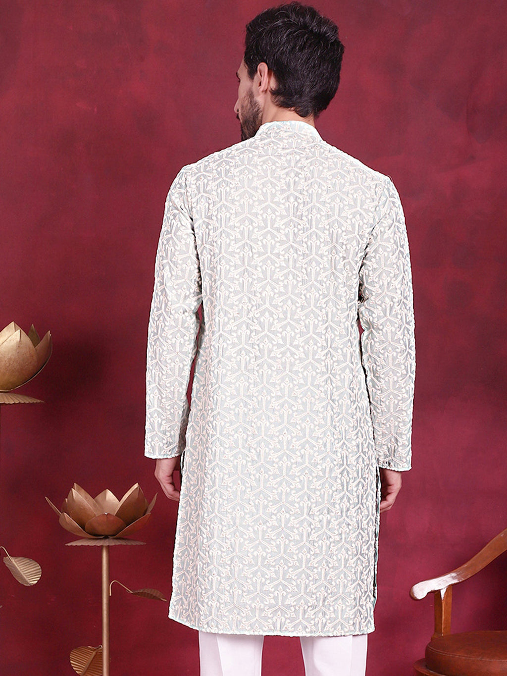 Jompers Men's Chikankari Embroidered Kurta - Pista