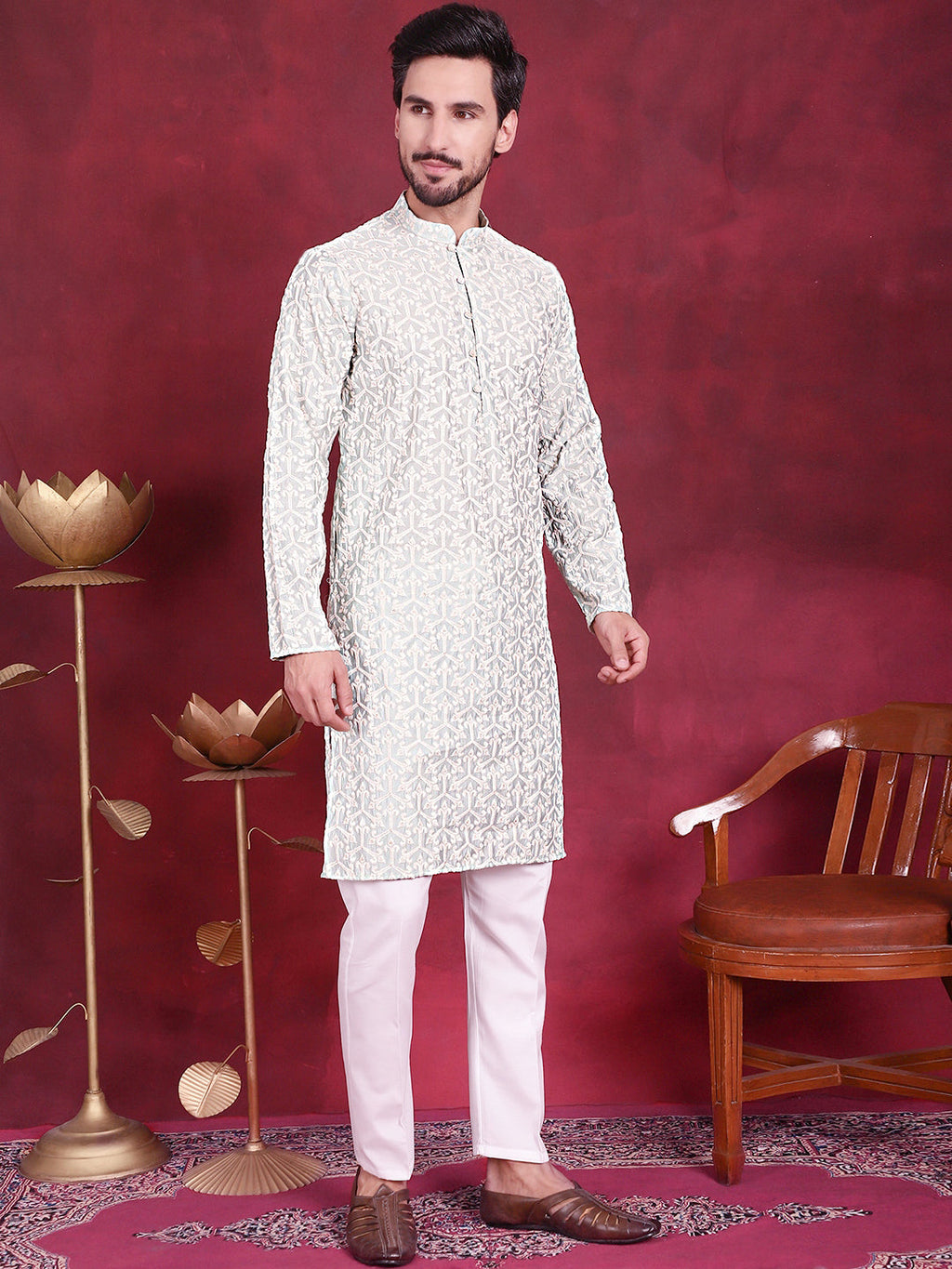 Jompers Men's Chikankari Embroidered Kurta - Pista
