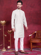 Jompers Men's Chikankari Embroidered Kurta - Pista