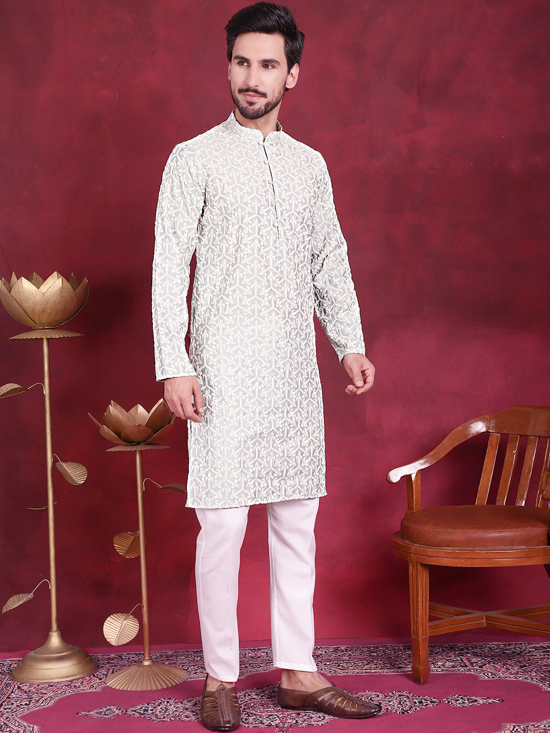 Jompers Men's Chikankari Embroidered Kurta - Pista
