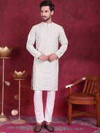 Jompers Men's Chikankari Embroidered Kurta - Pista