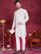 Jompers Men's Chikankari Embroidered Kurta - Pista