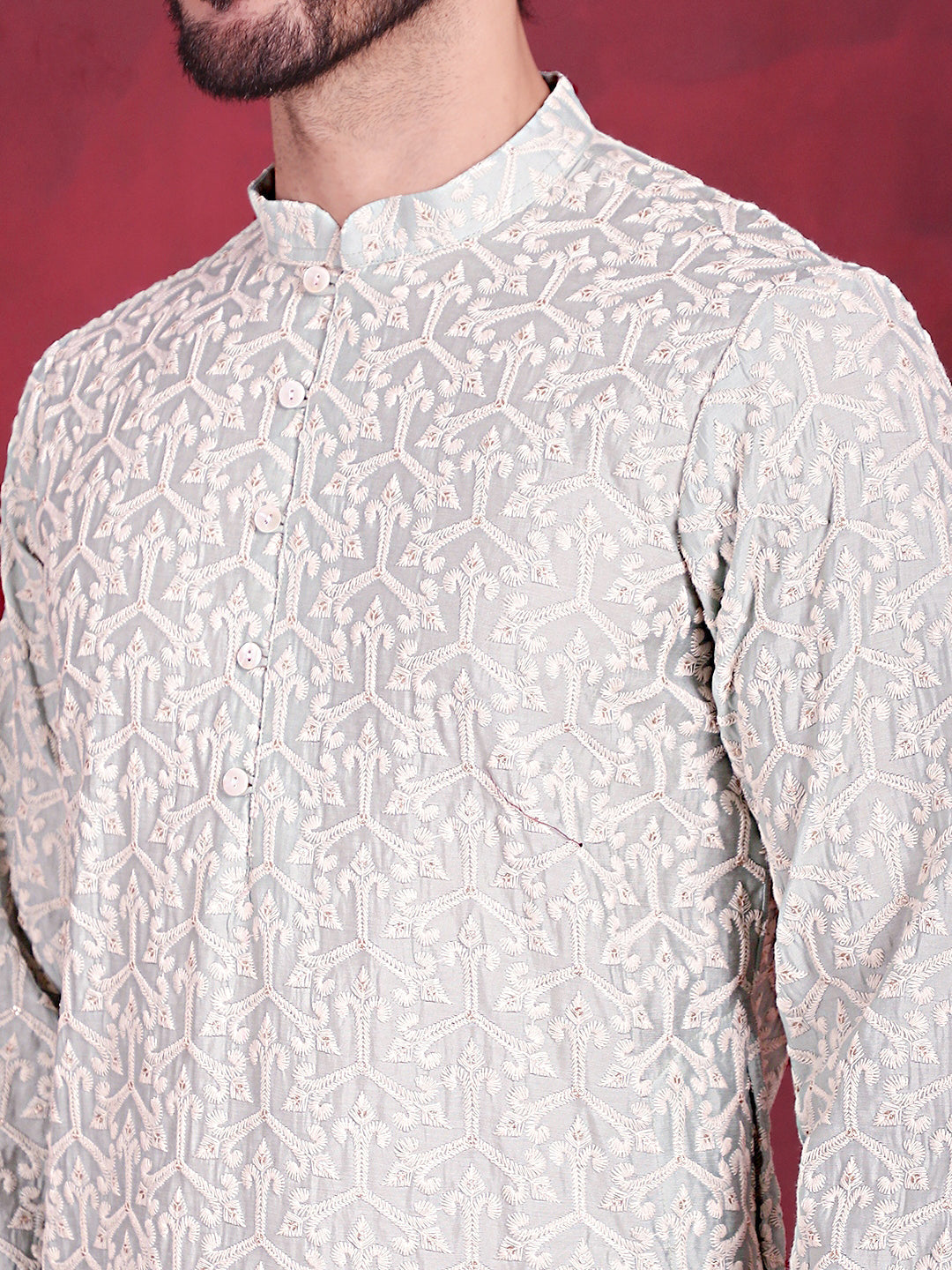 Jompers Men's Chikankari Embroidered Kurta - Pista