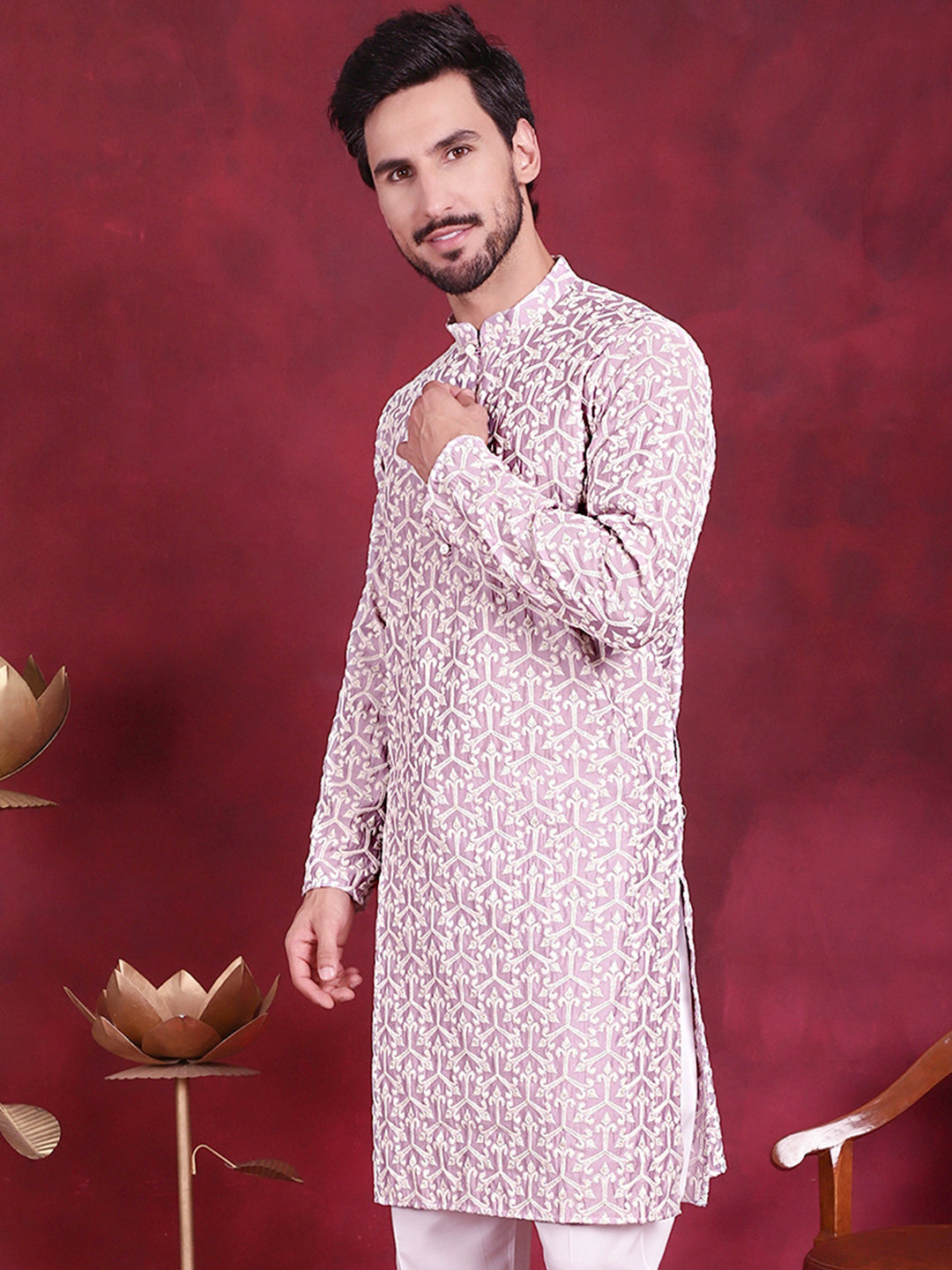 Jompers Men's Chikankari Embroidered Kurta - Purple